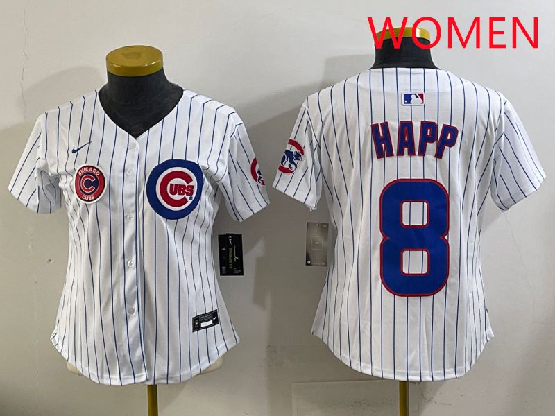 Women 2025 Chicago Cubs #8 Happ White Stripe Game Nike MLB Jersey style 7